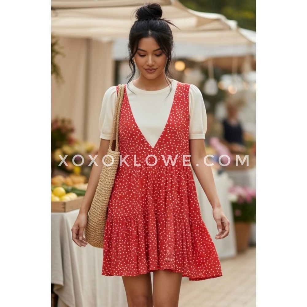 POL Red Polka Dot Sleeveless Mini Dress V Neck | Tiered Babydoll Open Back